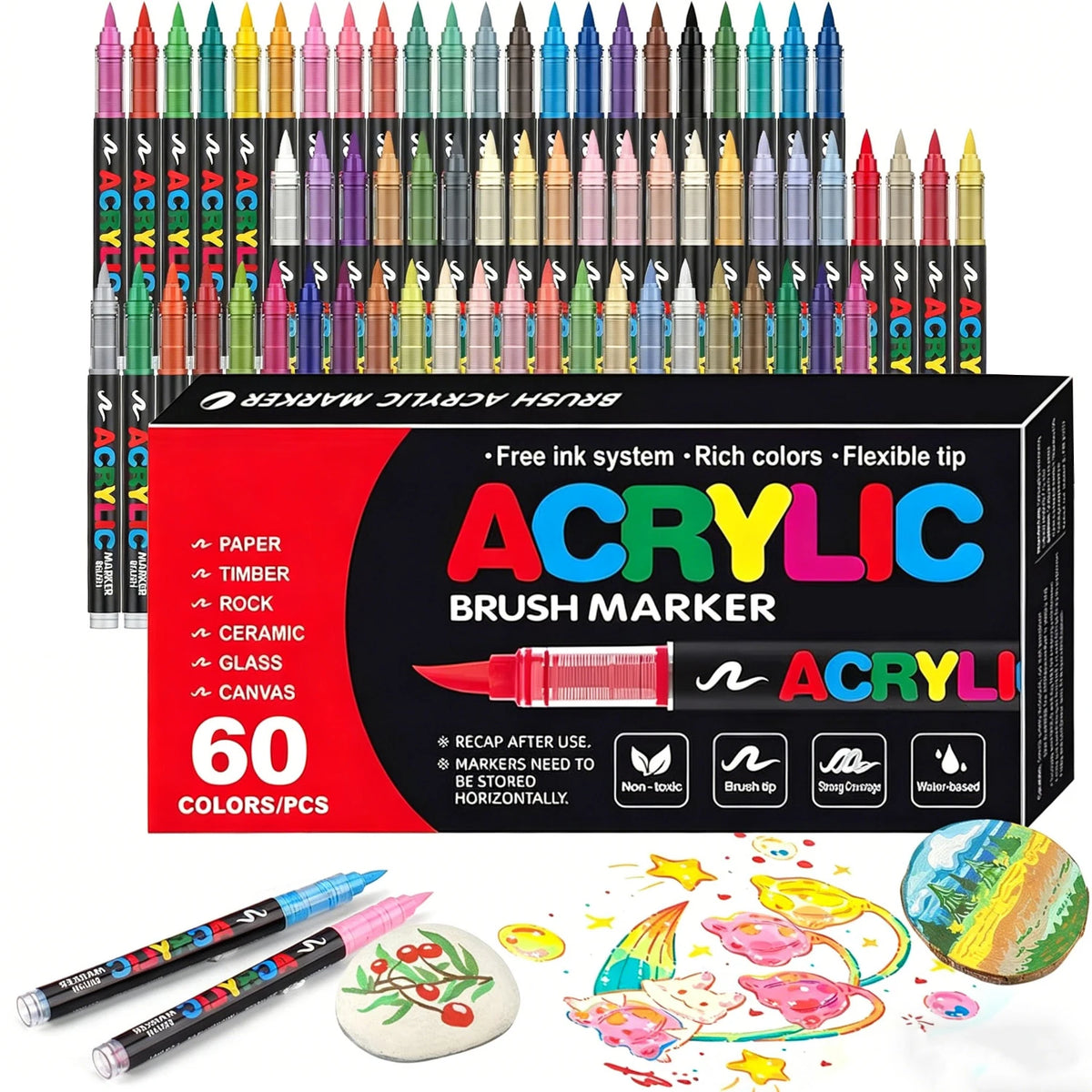 A set of 60 acrylic brush markers in various colors and tips for art and craft projects