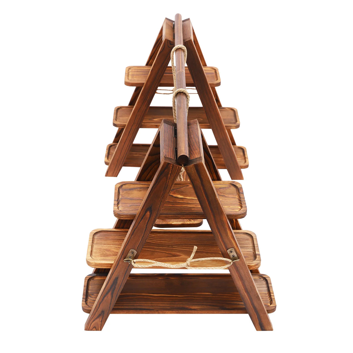 A wooden dessert display stand with three tiers made of solid wood and featuring a slanted, A-frame design.