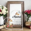 A framed piece of art featuring a heart shape and text dedicated to Mom, surrounded by floral elements.