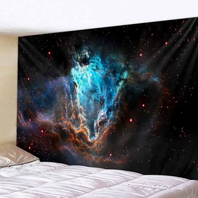 A dark fabric tapestry depicting a vibrant blue and orange nebula in space with scattered stars.