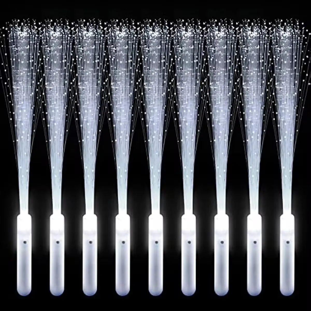 A row of fiber optic LED glow wands with light beams shining out against a dark background.