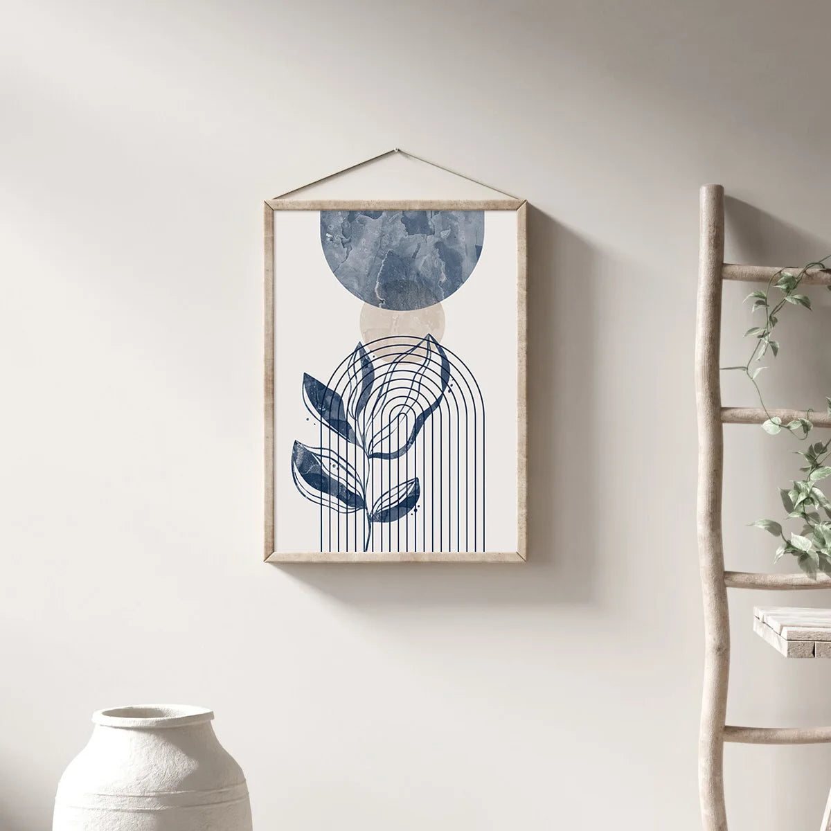 Abstract geometric wall art print featuring a blue circle and vertical lines on a light background