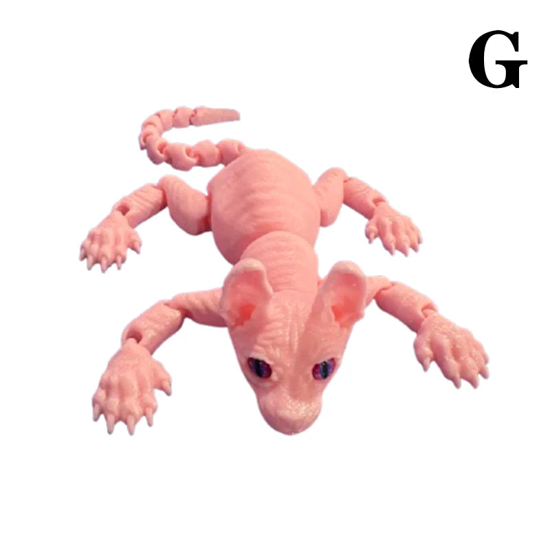 A pink, realistic 3D printed figurine of a Sphynx cat with long, curly hair.