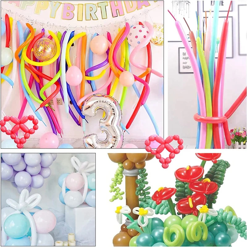 Colorful twisting balloons in various colors and shapes for party decor and DIY modeling