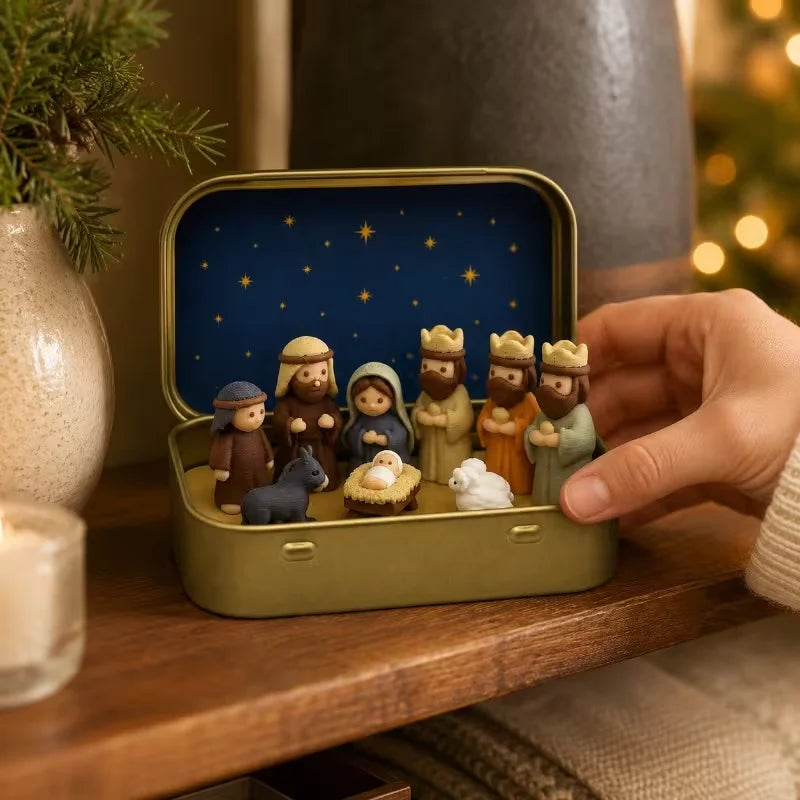 A hand opens a small gold-colored metal case revealing a miniature nativity scene with figures and animals against a dark blu