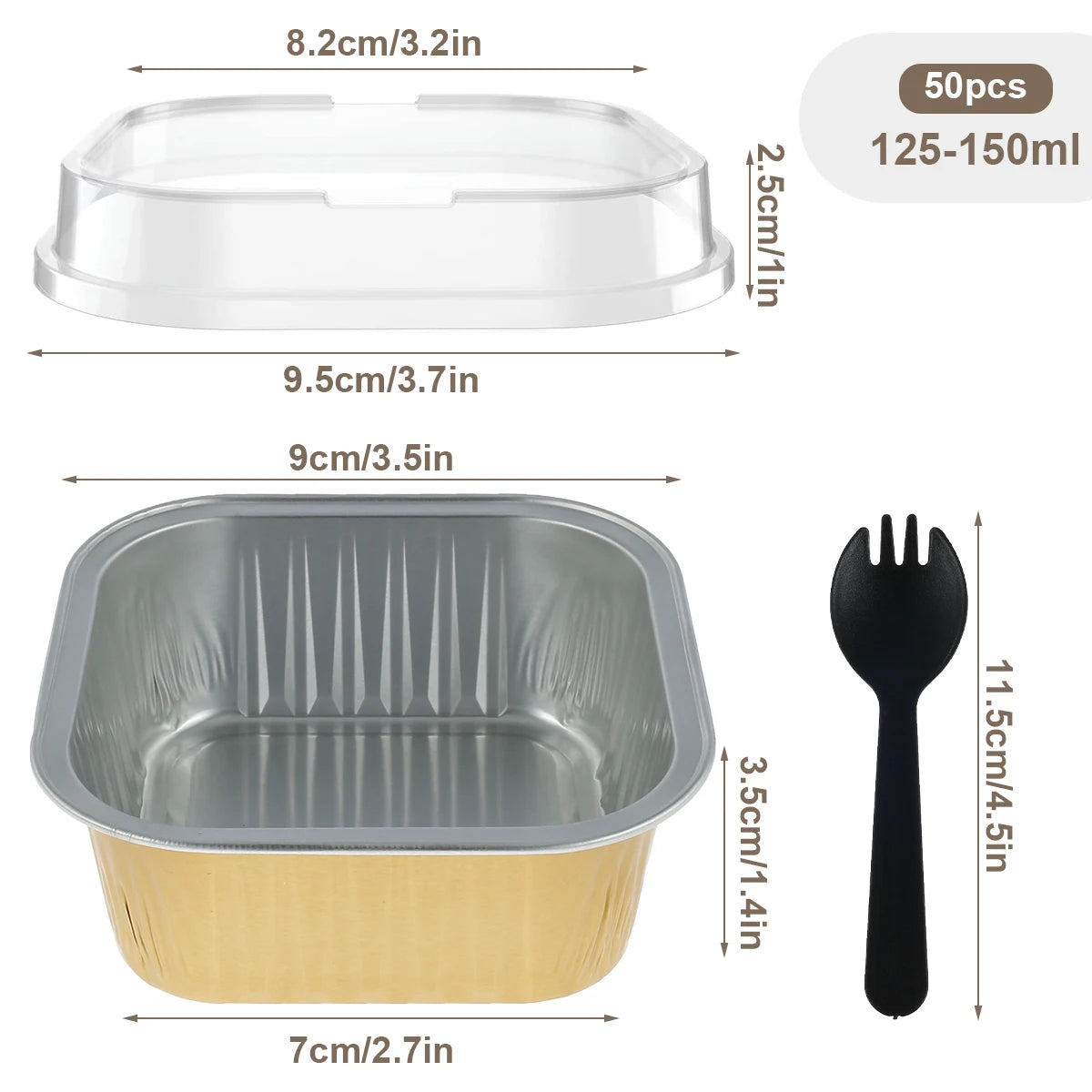 Reusable aluminum foil baking cups with lids and spoons set of 50, featuring a clear plastic cup and a metallic foil cup.
