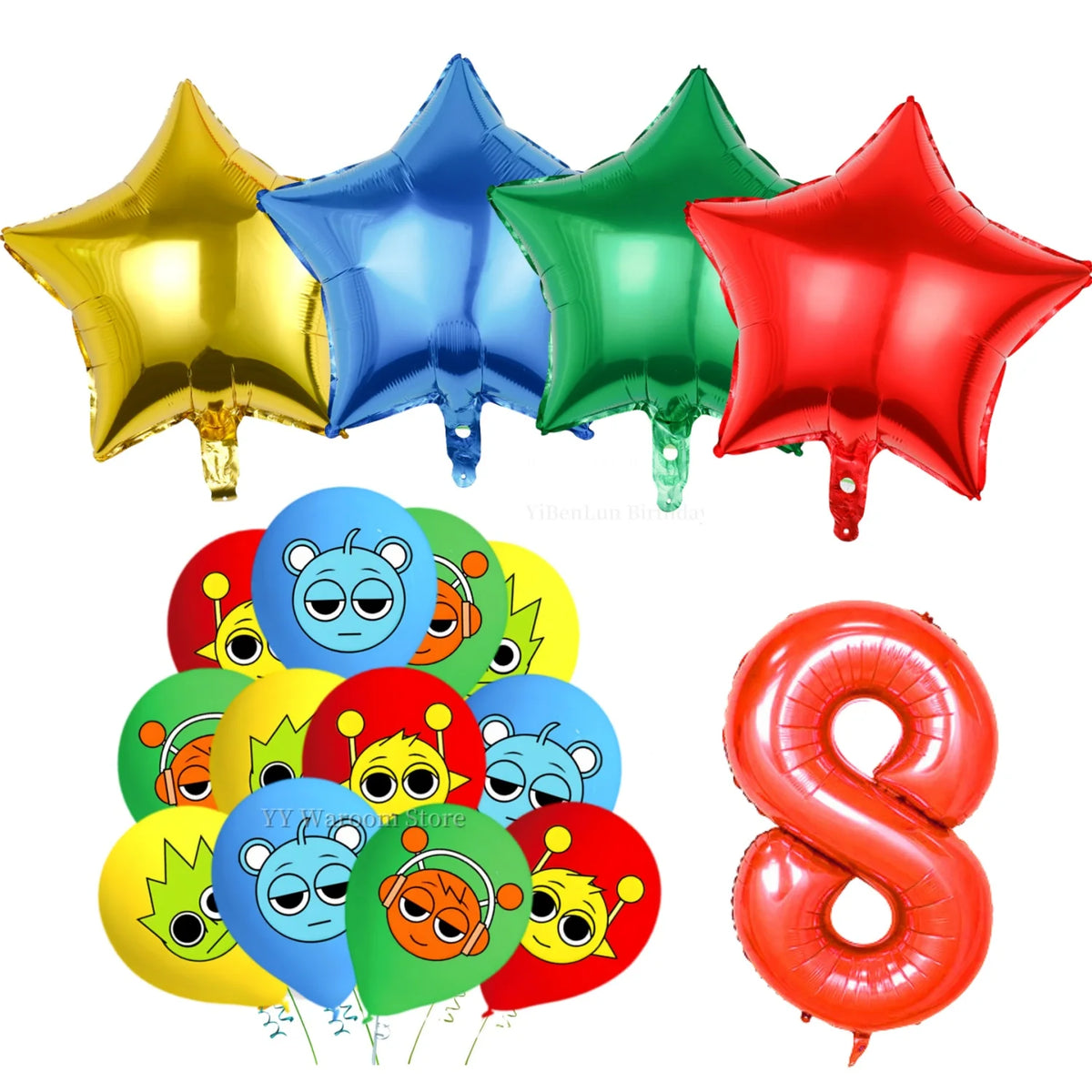 A set of colorful foil and latex balloons shaped like stars and numbers for a birthday party