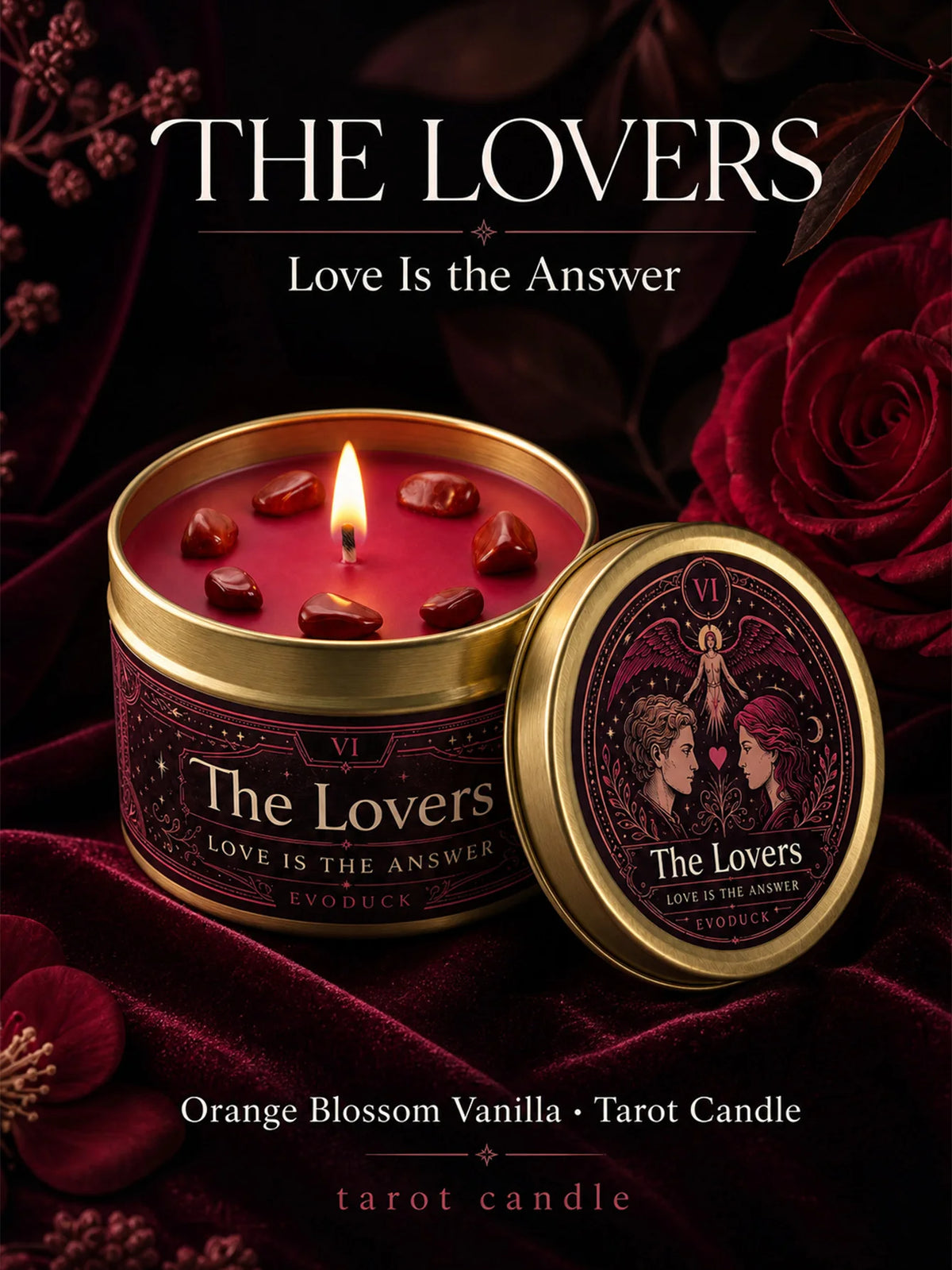 A jar of The Lovers Tarot candle in gold packaging with a red wax, set against a dark background and red roses.