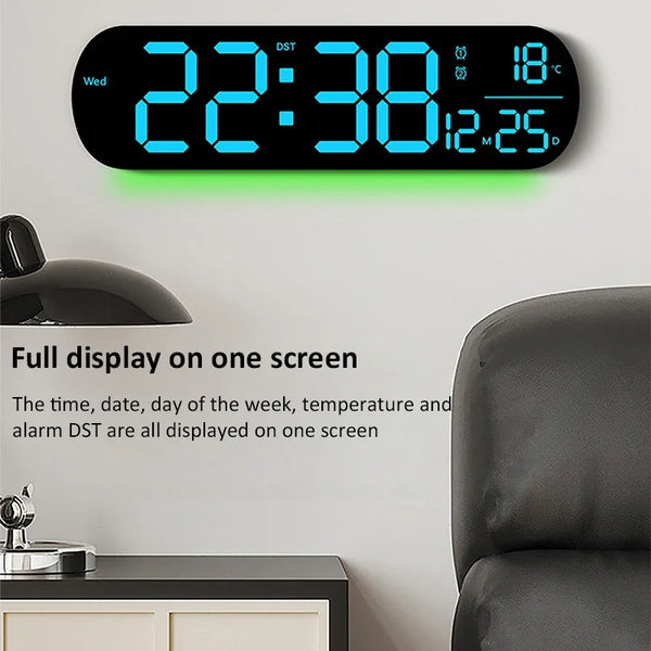 An RGB LED digital wall clock displaying the time 22:38, date 12/25, and temperature 18°C.