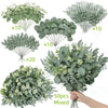A collection of artificial flower bouquets featuring mixed eucalyptus and willow greenery.