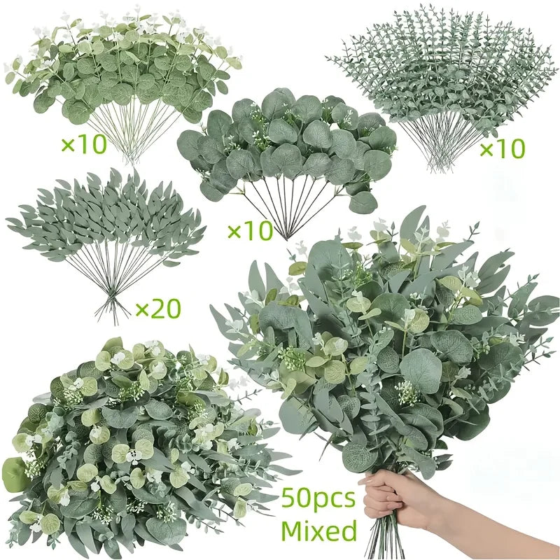A collection of artificial flower bouquets featuring mixed eucalyptus and willow greenery.