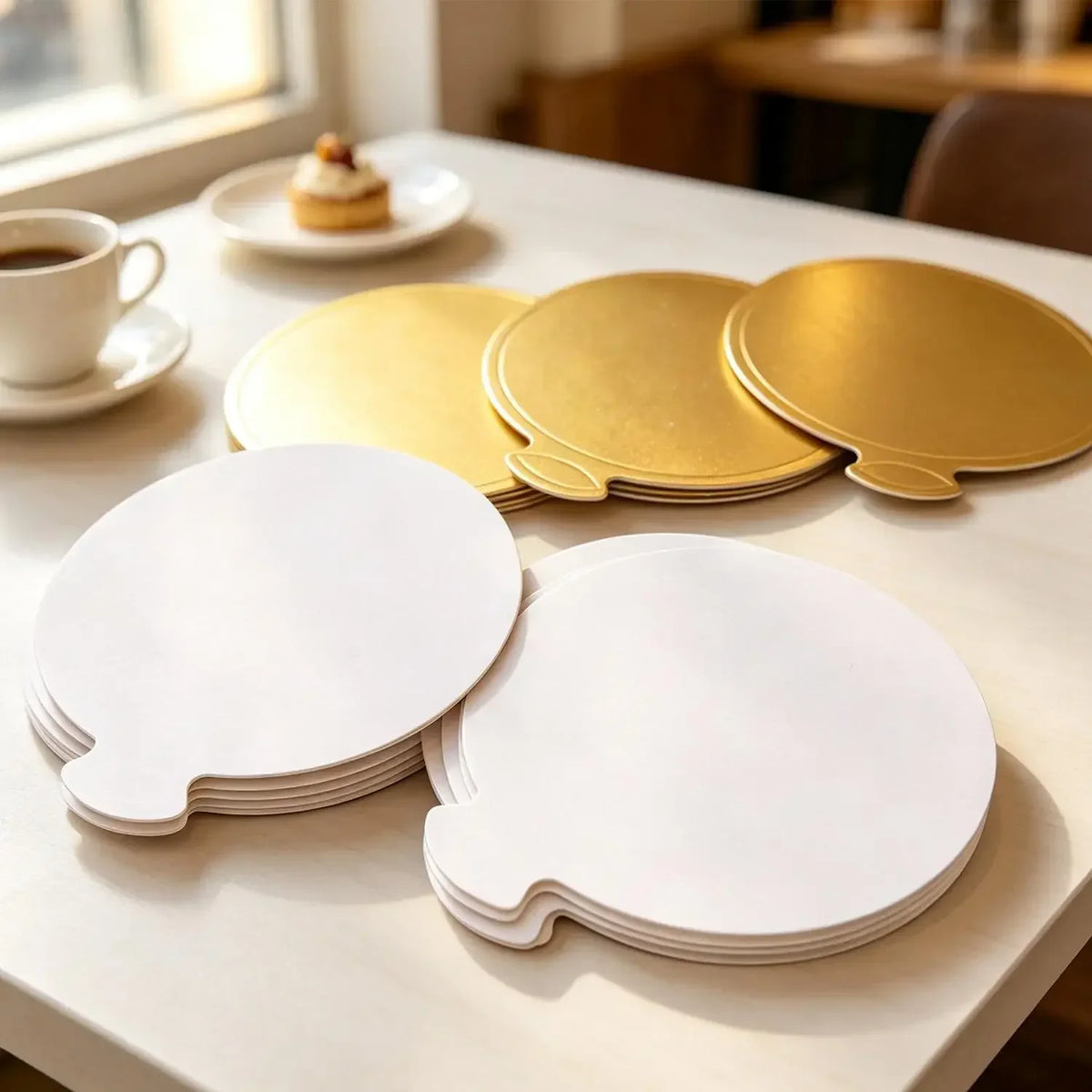 Un ensemble de plateaux à desserts réutilisables blancs et des assiettes de service dorées sont disposés sur une table blanch