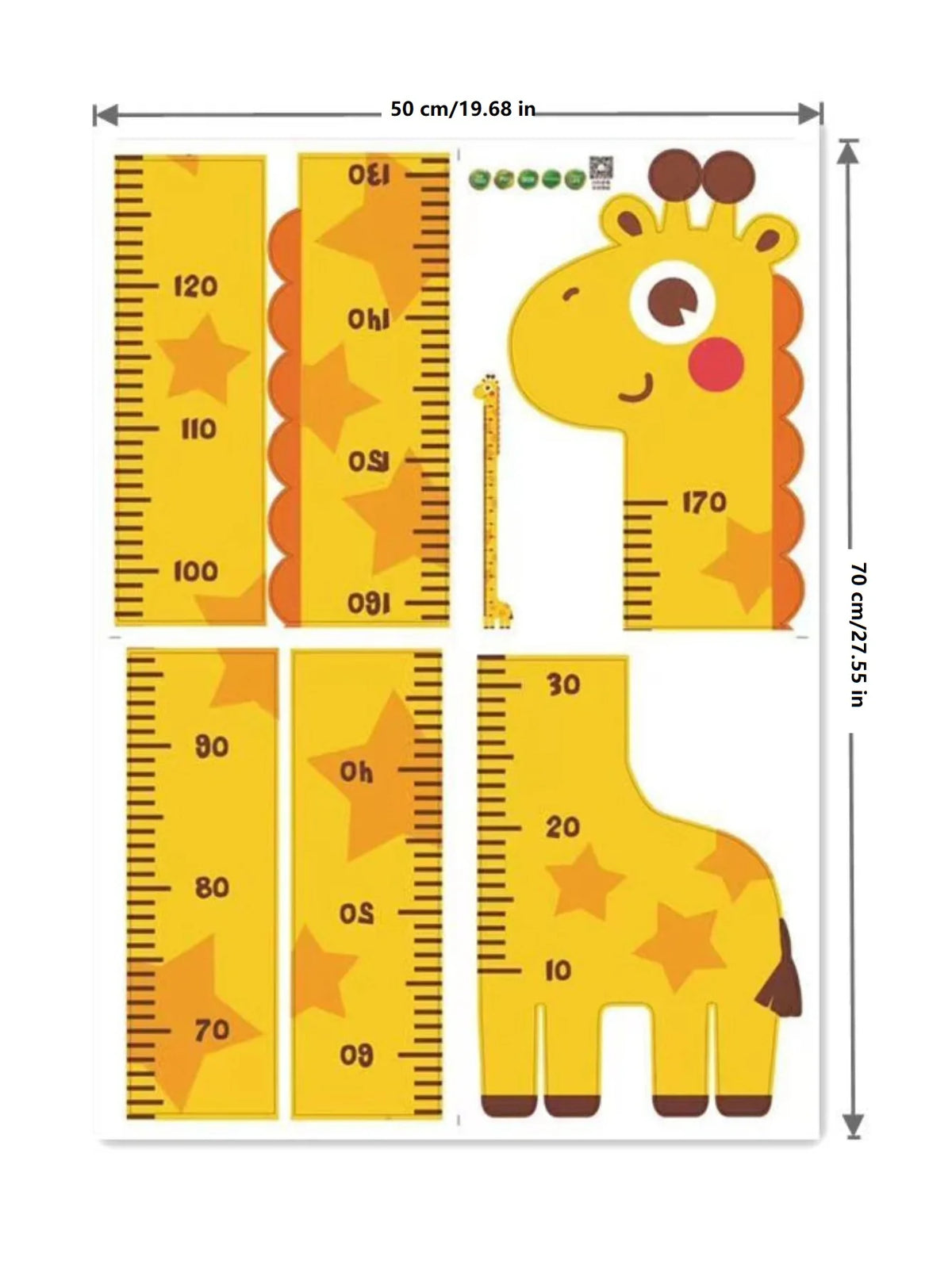 A yellow giraffe and dinosaur height chart wall stickers for kids' rooms showing measurements in centimeters and inches.