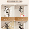 Various adjustable desk hooks demonstrating flexible storage for hanging earphones, kettles, backpacks, and lunch boxes