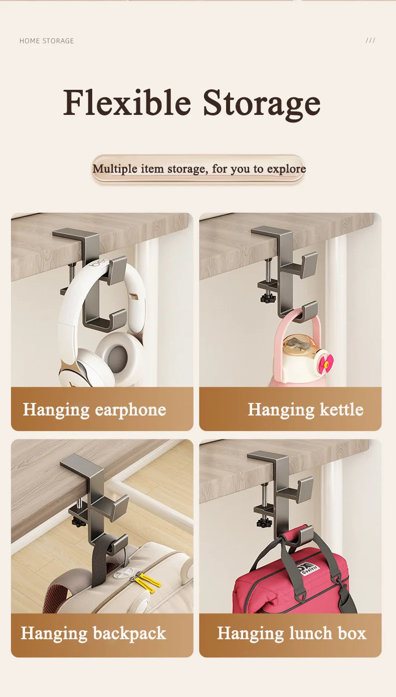 Various adjustable desk hooks demonstrating flexible storage for hanging earphones, kettles, backpacks, and lunch boxes