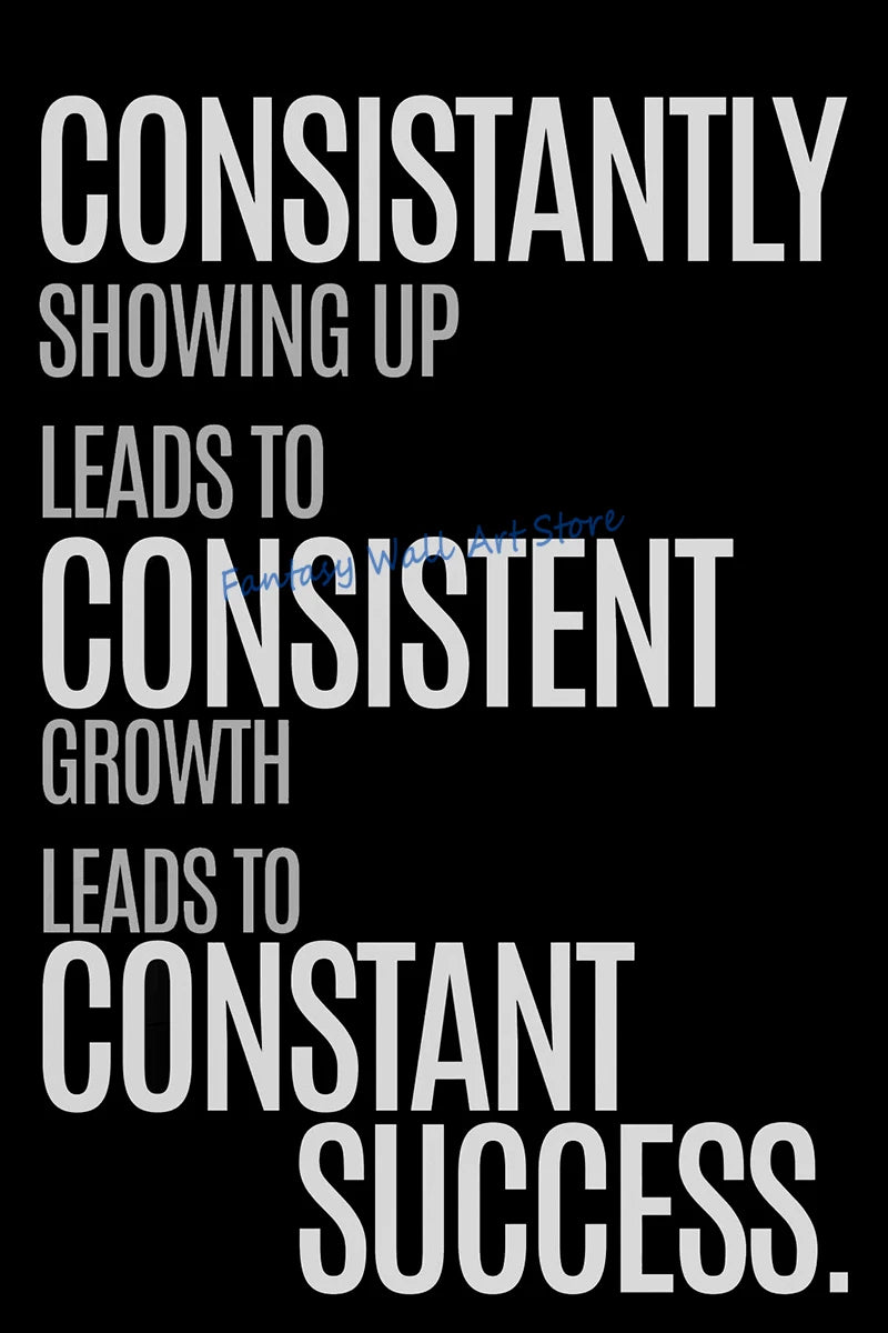 Text on a black background reads: Consistently showing up leads to consistent growth, which leads to constant success.