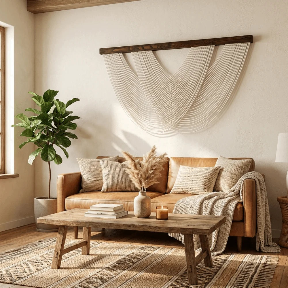 A bohemian macrame wall tapestry hangs on a white wall above a wooden sofa and floor.