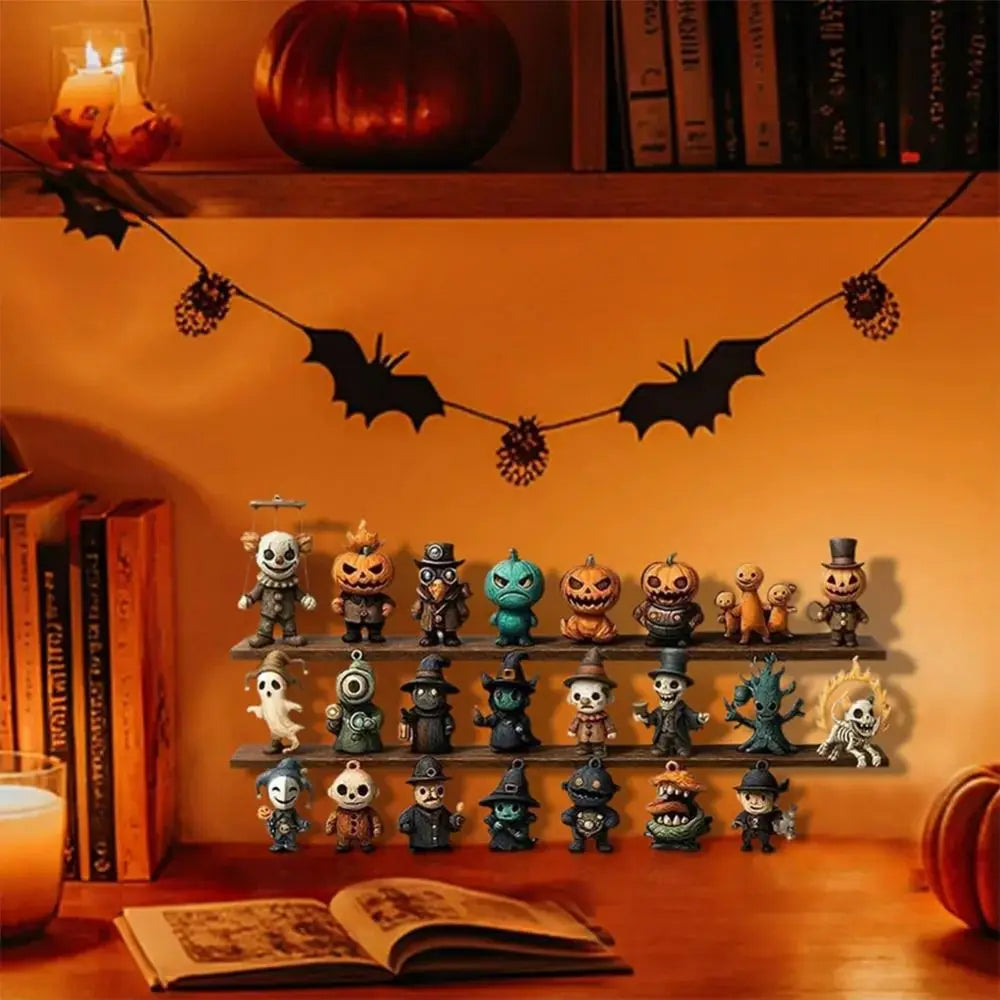A display of spooky Halloween figurines and a book on a wooden shelf with seasonal decor.