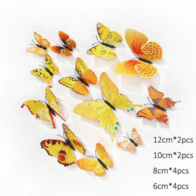 A set of twelve colorful 3D butterfly wall stickers in various sizes and shades.