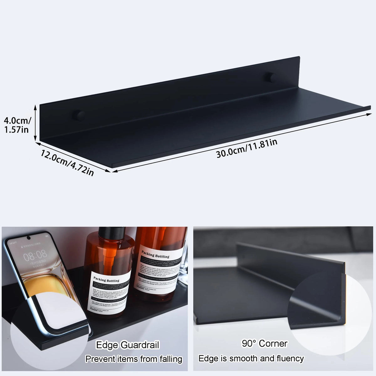 A black floating metal wall shelf with an edge guardrail and 90-degree corner shown in use for storage.