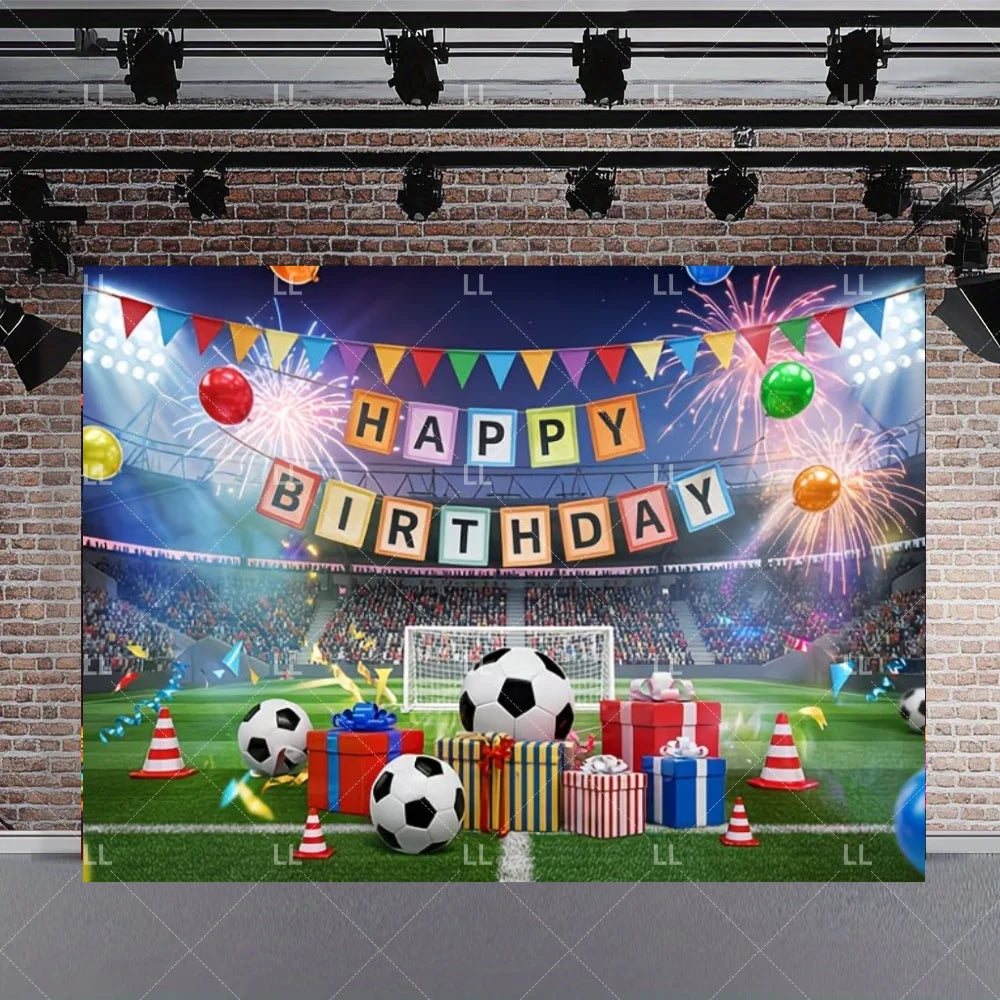 A vibrant soccer field backdrop decorated with colorful bunting and birthday balloons for a celebration.