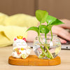 A clear glass vase holds a green ivy plant and a small white lucky cat figurine on a wooden base.
