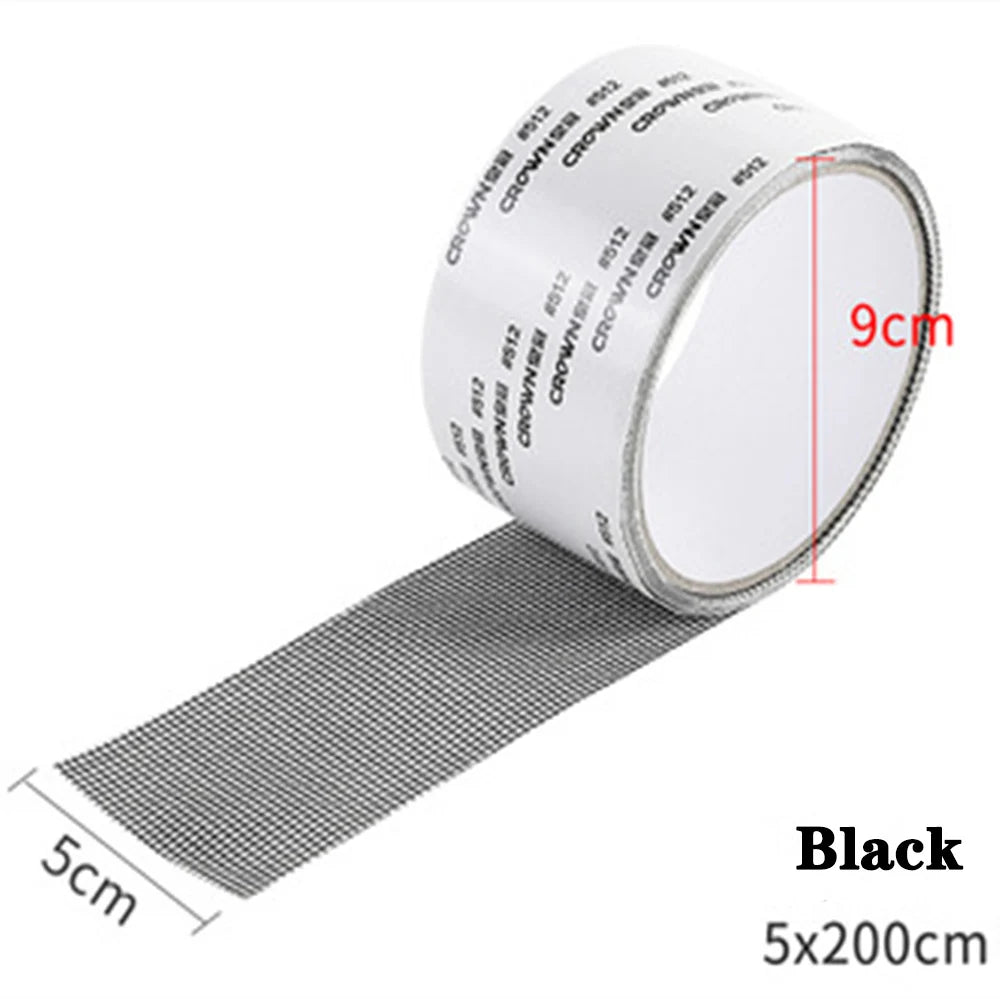 Black self-adhesive window screen repair patch roll with a 9cm width and 5cm length.