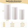 Three cylindrical stand covers in light beige colors showing different sizes L, M, and S with corresponding height and diamet