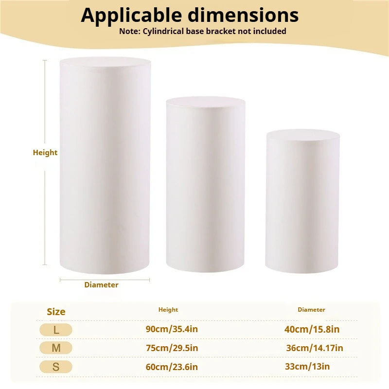 Three cylindrical stand covers in light beige colors showing different sizes L, M, and S with corresponding height and diamet