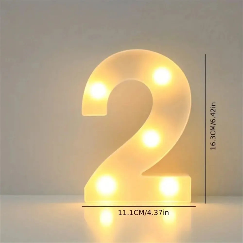 A glowing, illuminated number 2 made of LED letter lights, used for cozy room or party decor.