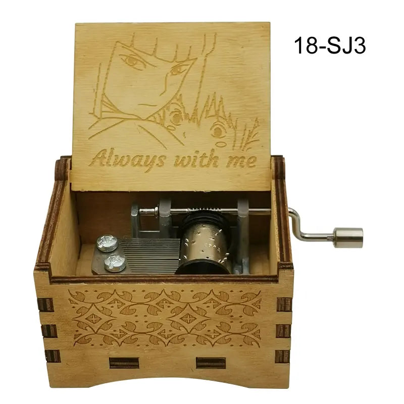 A wooden music box featuring an engraved anime character and a metal mechanism.