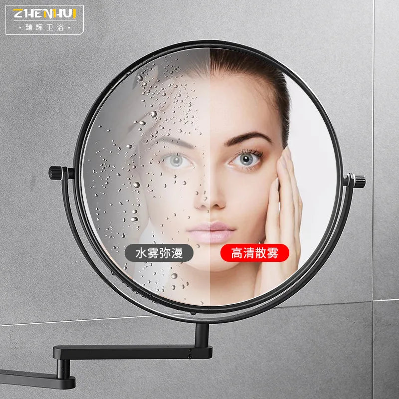 A folding double-sided wall mirror with telescopic arms showing a close-up of a woman's face and water droplets.