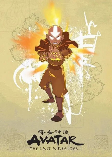 Minimalist canvas wall art featuring an Avatar character in a dynamic pose with fiery effects.