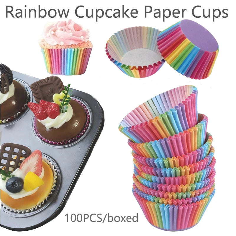 A collection of colorful rainbow paper cupcake liners, including individual cups and a bulk pack.