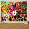 A vibrant tapestry featuring Banksy-inspired street graffiti art with hearts and colorful abstract designs.