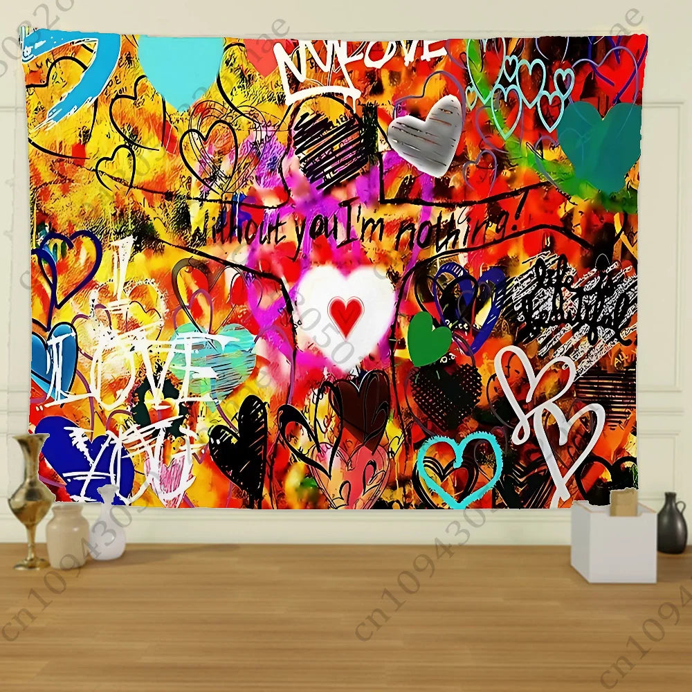 A vibrant tapestry featuring Banksy-inspired street graffiti art with hearts and colorful abstract designs.