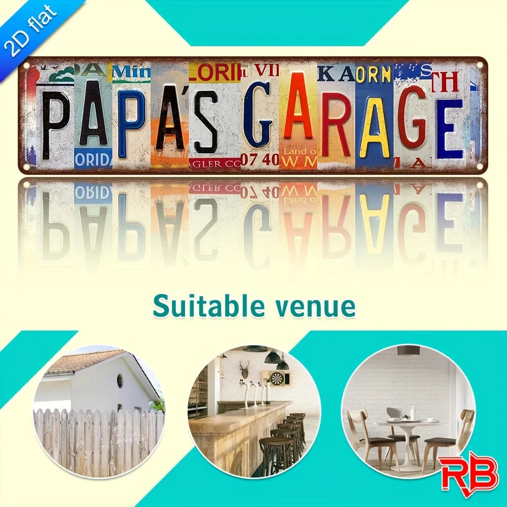 Vintage aluminum metal wall art sign with the text PAPA'S GARAGE on a distressed background