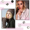 A collection of pearl and rhinestone no-sew buttons for shirts, hats, and crafts shown alongside a model wearing a pink shirt