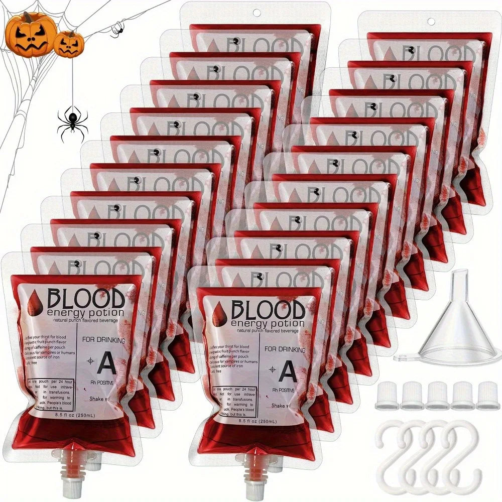 Collection de gobelets jetables de fête remplis d'une potion d'énergie de sang pour boire