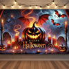 A Halloween neon backdrop featuring a carved pumpkin, bats, and skulls for a photo booth background.
