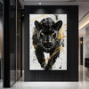 A canvas print featuring a fierce black panther head with gold abstract splatter against a white background.