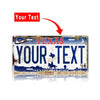 A weathered metal sign resembling a Texas license plate with the text YOUR TEXT on it.