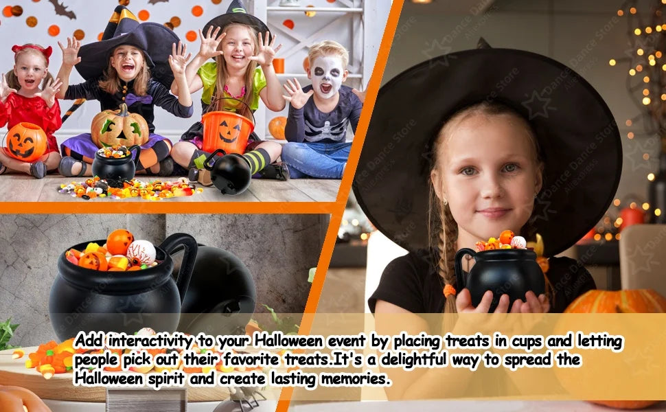 A young girl holds a black cauldron mug filled with Halloween treats, surrounded by pumpkins and festive decor.