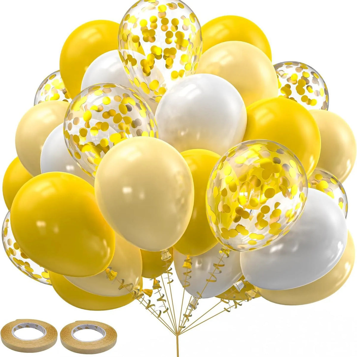 A bouquet of yellow and white chrome latex balloons for events