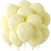A cluster of pale yellow latex balloons floating against a white background.
