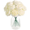 A bouquet of six creamy white silk peony flowers arranged in a clear glass vase.