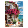 A vibrant painting of a stucco building covered in lush pink and purple bougainvillea flowers.