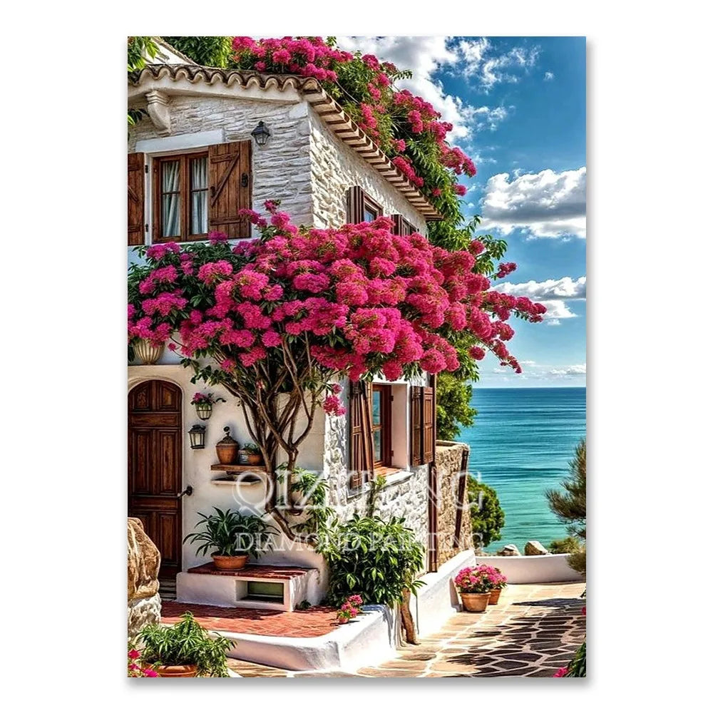 A vibrant painting of a stucco building covered in lush pink and purple bougainvillea flowers.