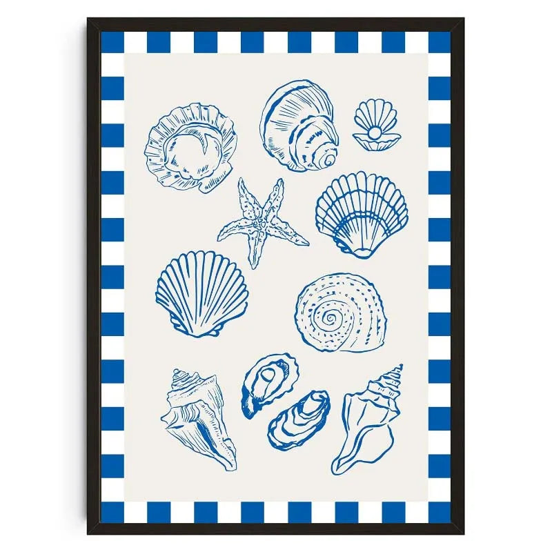 Eine Sammlung blauer Linienzeichnungen verschiedener Muscheln und Meereslebewesen für Leinwandkunst.