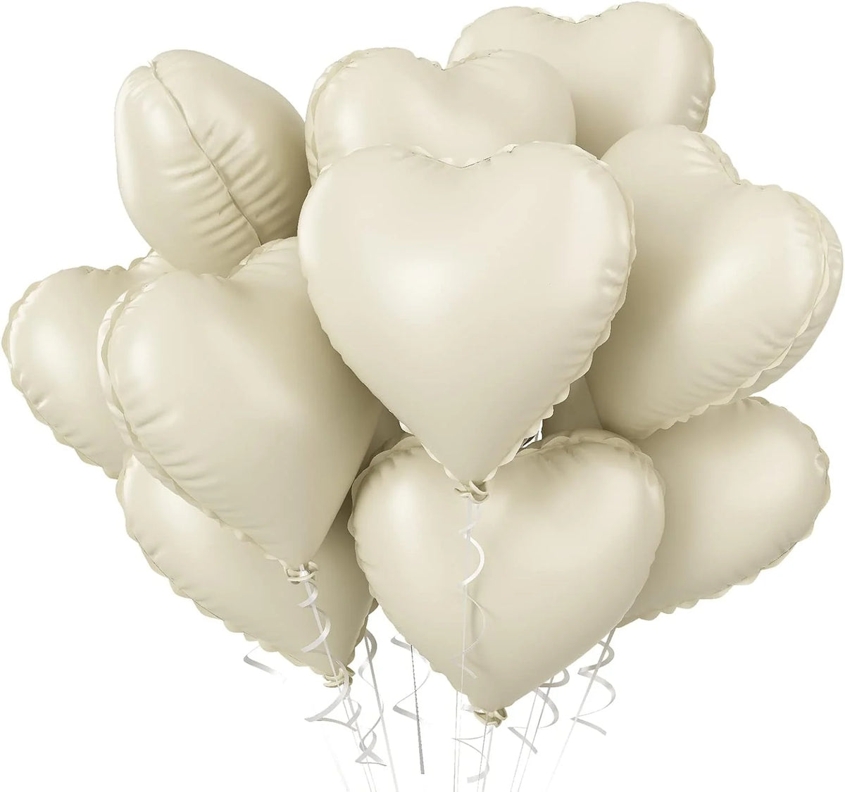 A cluster of light beige heart-shaped foil balloons tied together for a celebration.